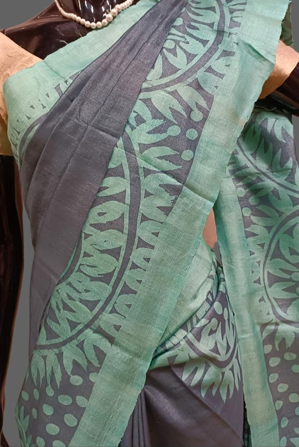 Greyish Blue & Aqua Green Tussar silk paisley print saree Balaram Saha
