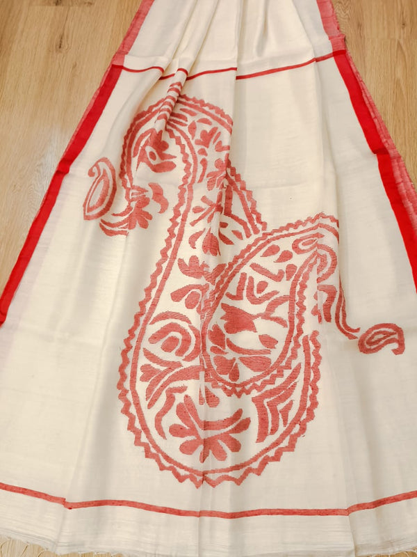 White & Red Matka Silk saree with Red silk border Balaram Saha