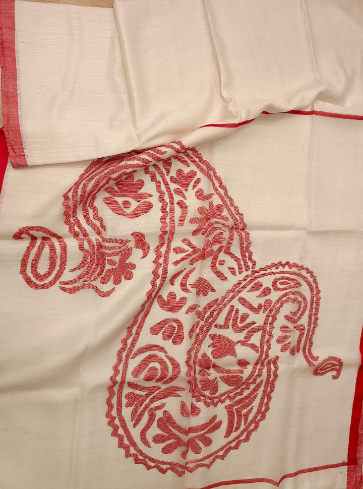 White & Red Matka Silk saree with Red silk border Balaram Saha