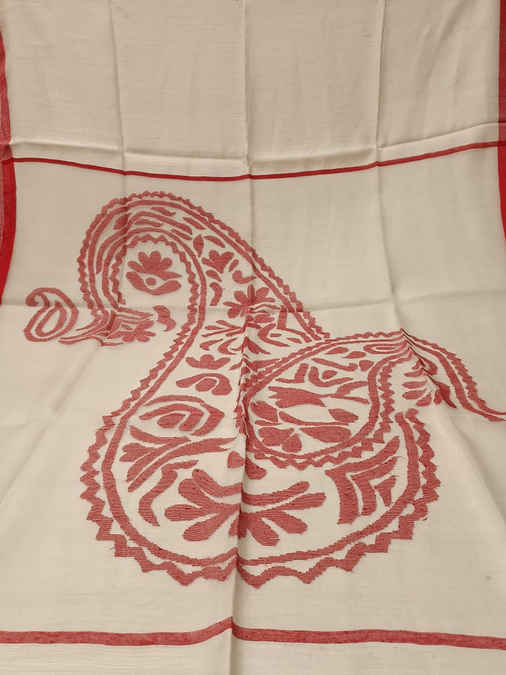White & Red Matka Silk saree with Red silk border Balaram Saha