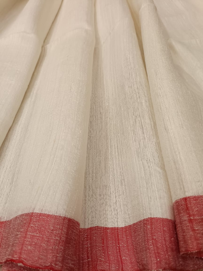 White & Red Matka Silk saree with Red silk border Balaram Saha