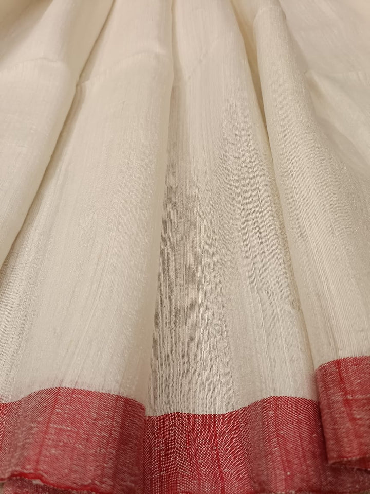 White & Red Matka Silk saree with Red silk border Balaram Saha