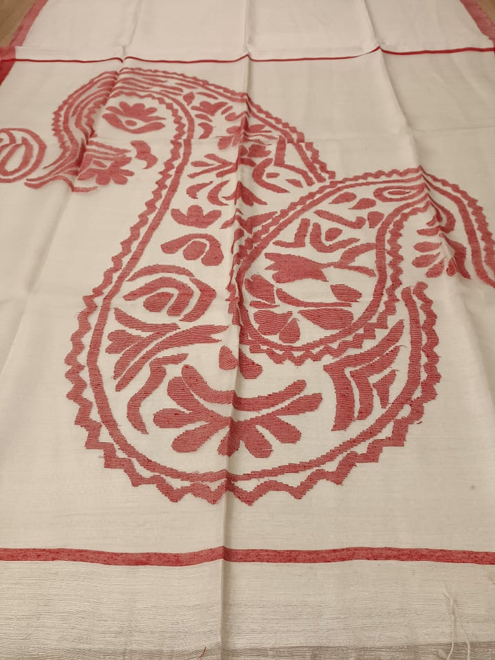 White & Red Matka Silk saree with Red silk border Balaram Saha