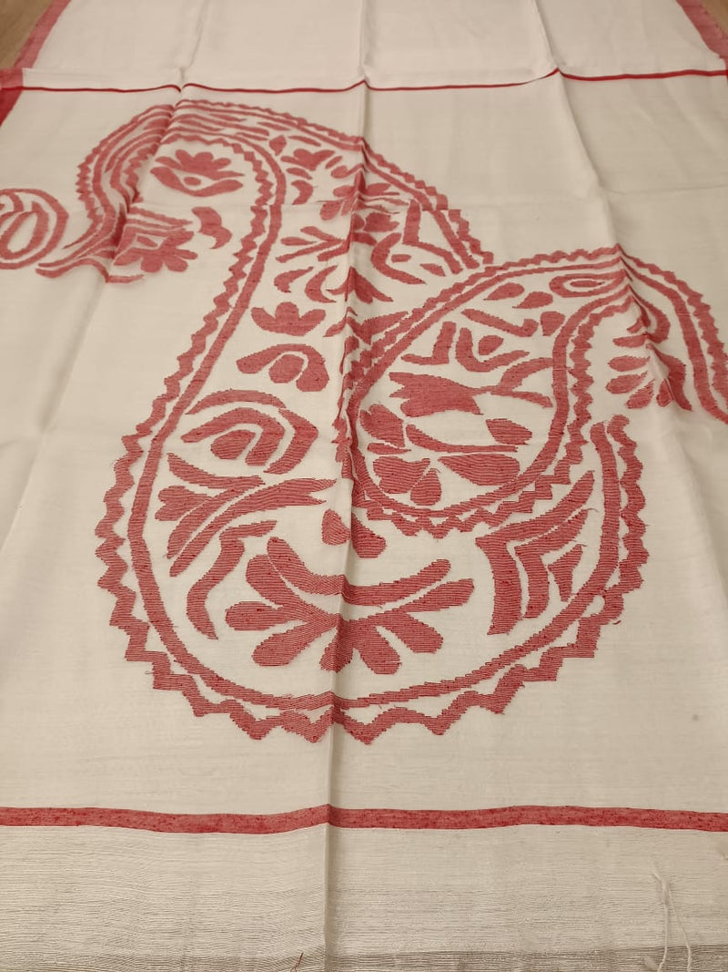 White & Red Matka Silk saree with Red silk border Balaram Saha