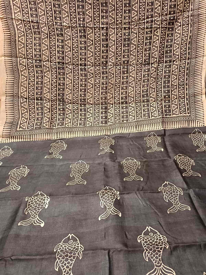 Beige & Black, Tussar silk saree with geometric Handblock print Balaram Saha