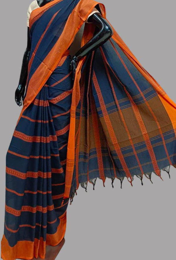Navy Blue & Orange soft cotton traditional Dhonekali Saree Balaram Saha