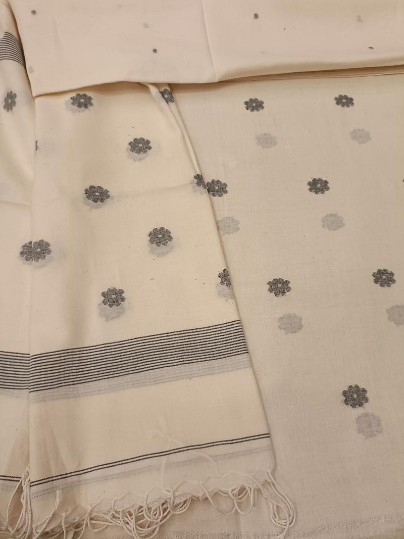 Off White & Black, Handspun, Handwoven soft Cotton, unstitched Jamdani 2piece kurta & dupatta set. Balaram Saha
