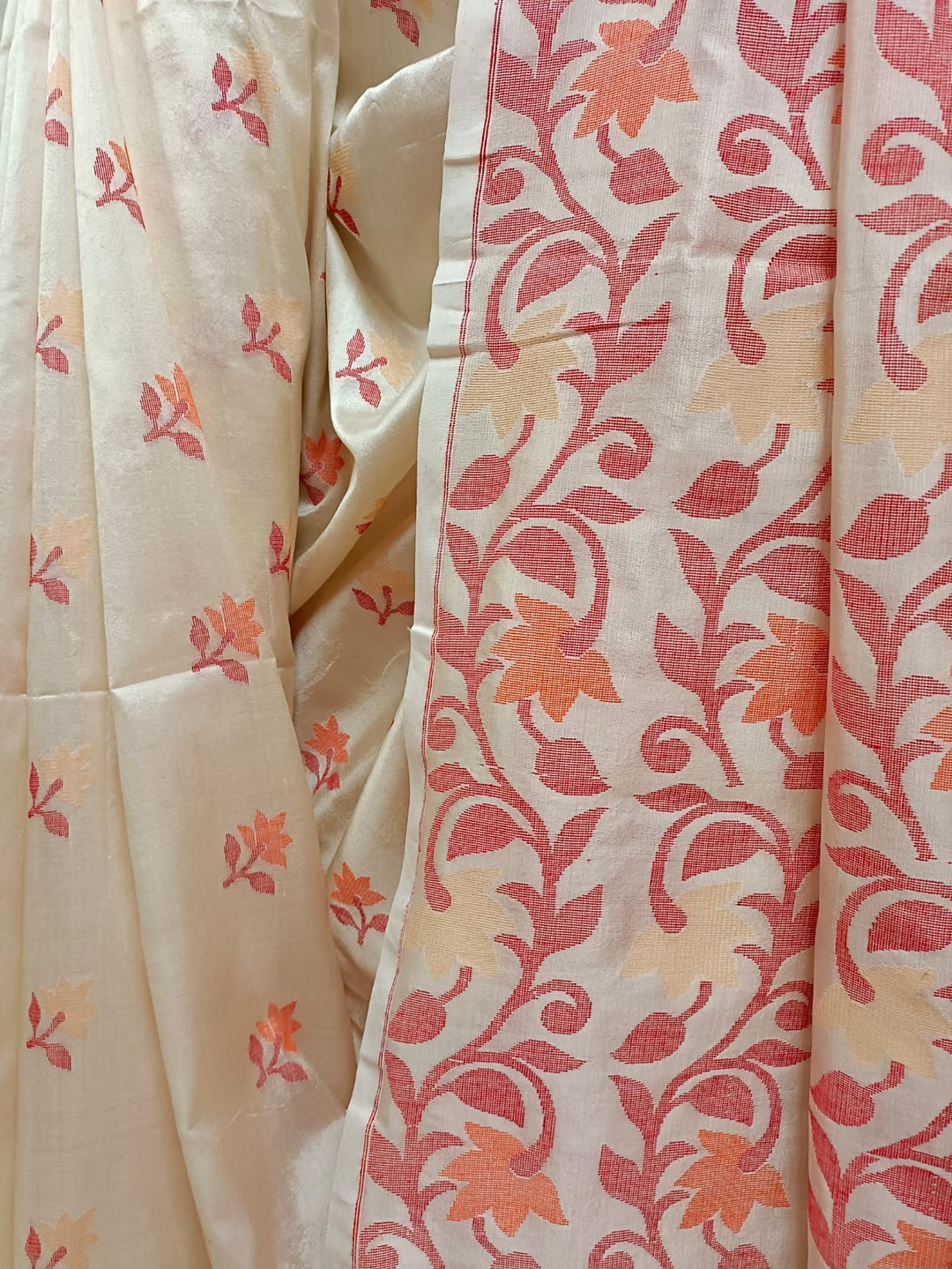 OFF WHITE & RED/ORANGE, KATAN SILK JAMDANI SAREE Balaram Saha