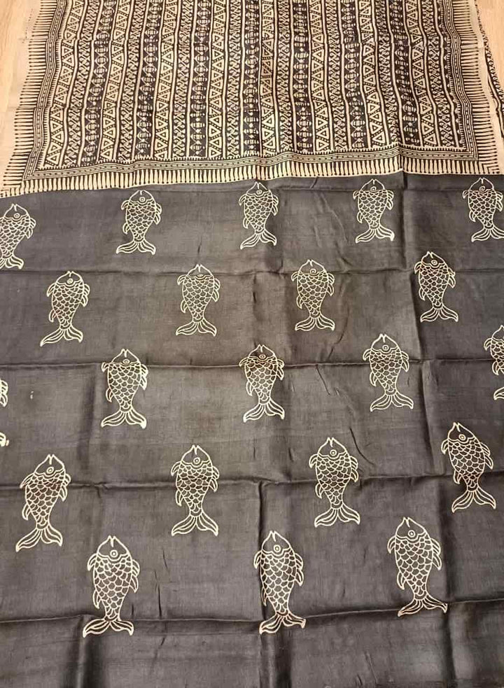 Beige & Black, Tussar silk saree with geometric Handblock print Balaram Saha