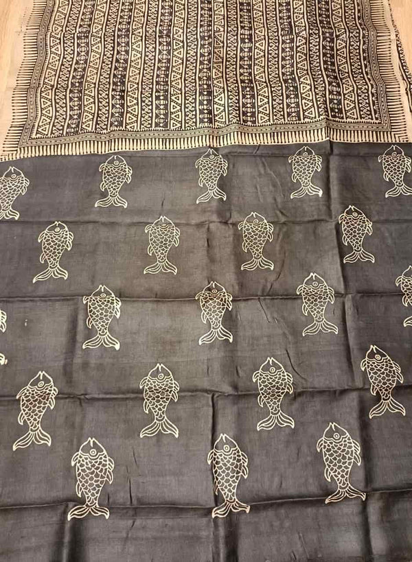 Beige & Black, Tussar silk saree with geometric Handblock print Balaram Saha