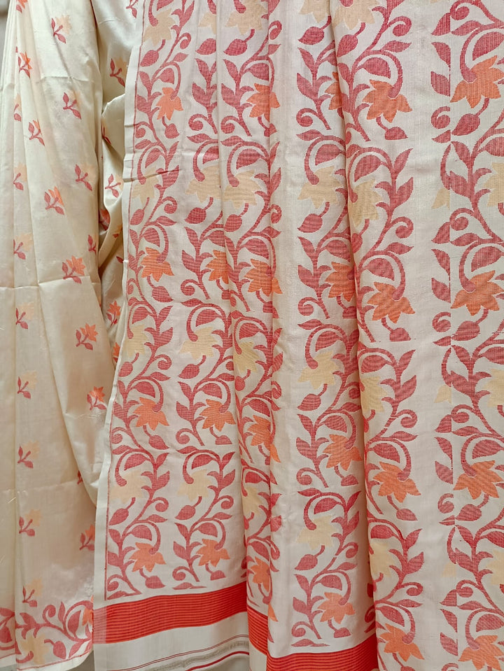 Off White & Red/Orange, Katan Silk Jamdani saree with floral weave on border & Aanchal. Floral motifs woven all over the body.  Blouse Piece included.