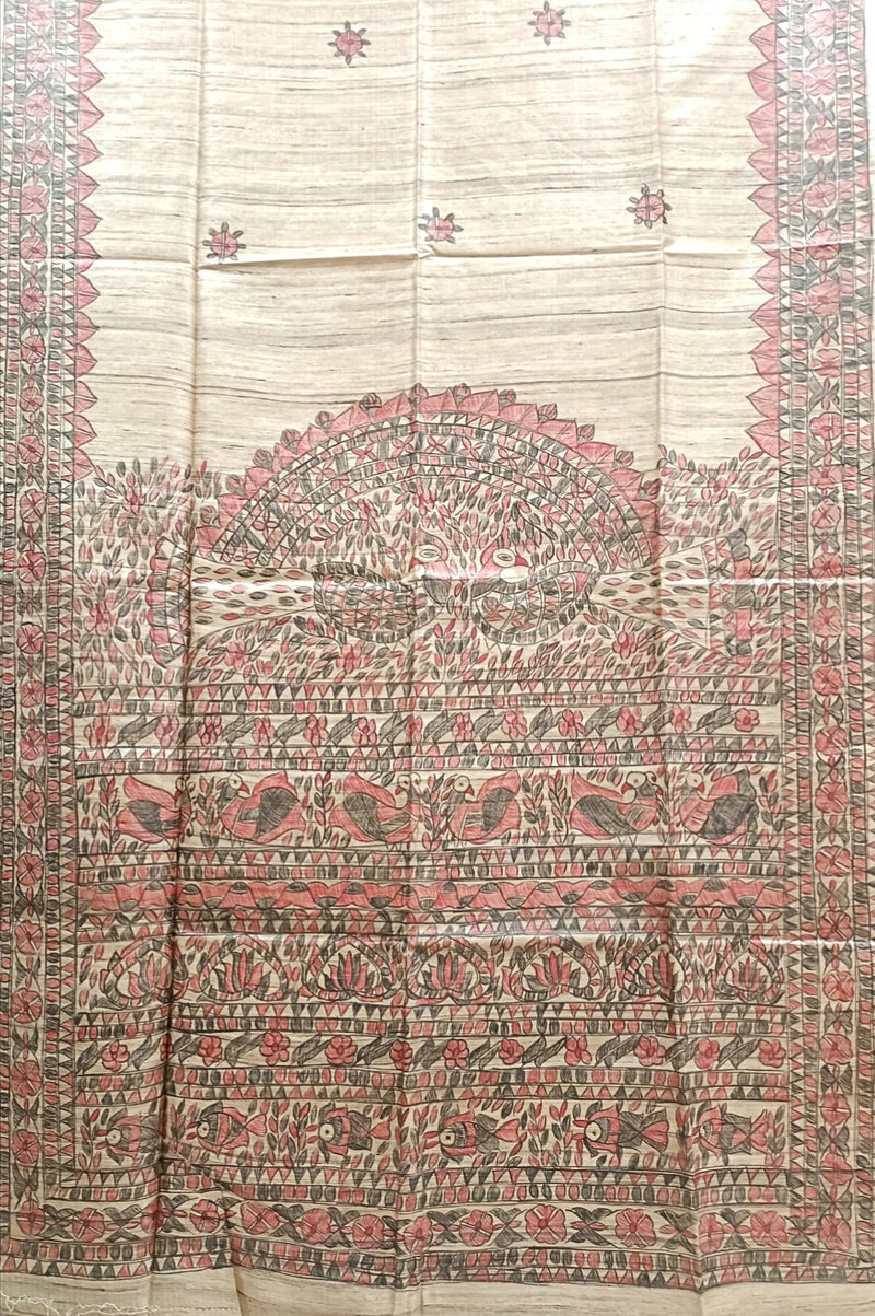 Beige Handloom Ghicha Tussar Silk Saree With Madhubani Print (Marron-Black) Balaram Saha