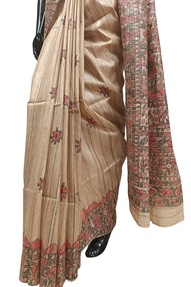 Beige Handloom Ghicha Tussar Silk Saree With Madhubani Print (Marron-Black) Balaram Saha