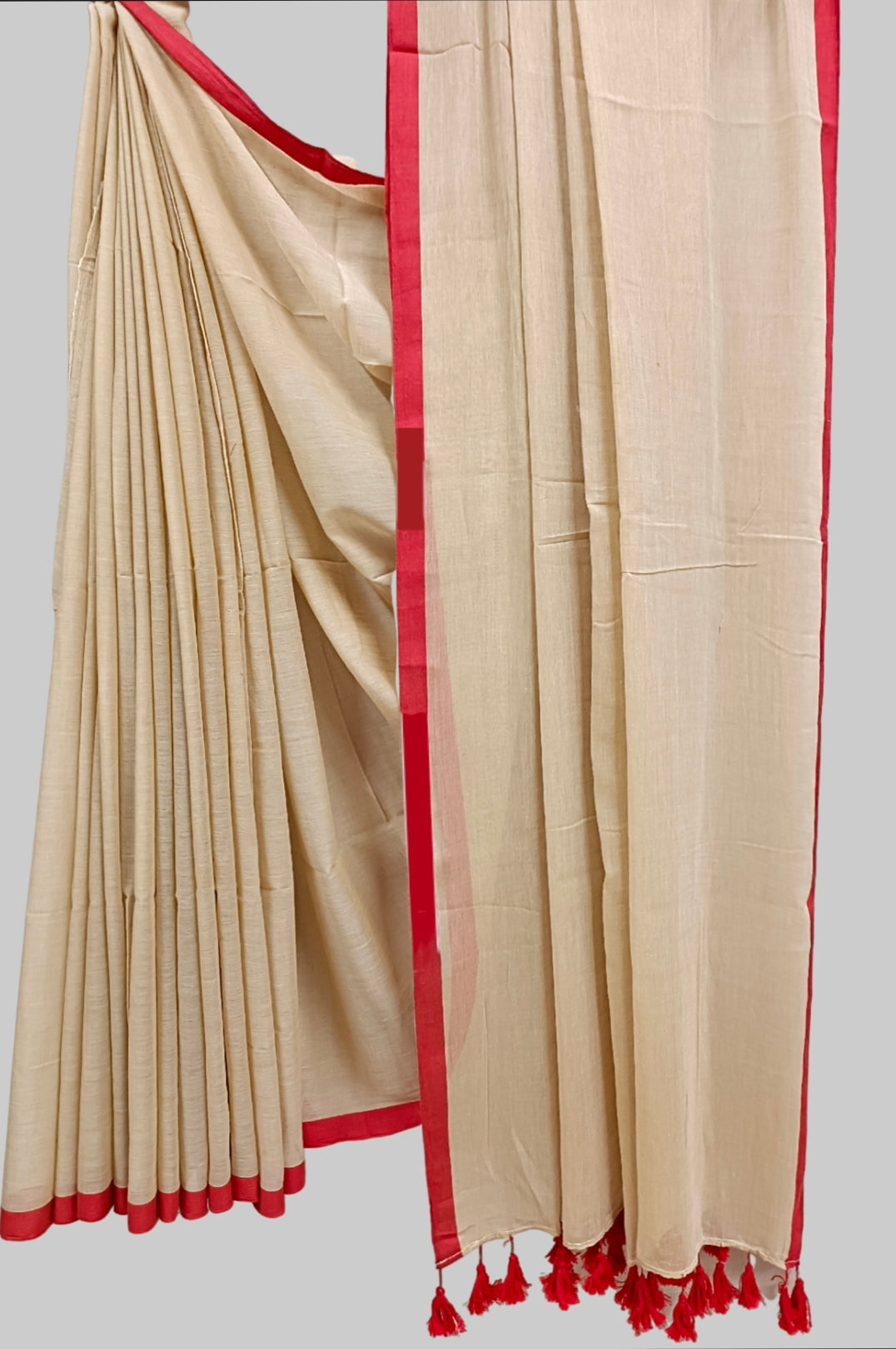 Beige & Red  Handloom Soft Mull Cotton Saree Balaram Saha