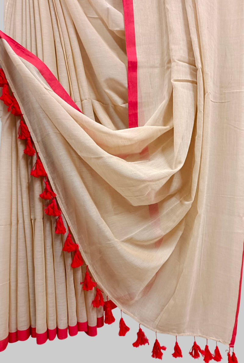 Beige & Red  Handloom Soft Mull Cotton Saree Balaram Saha