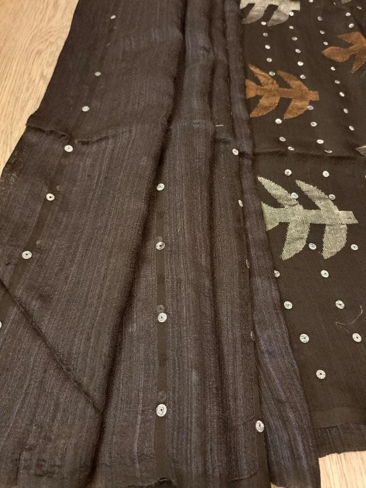 Black Handloom Matka Muslin Saree With Sequin Woven Balaram Saha