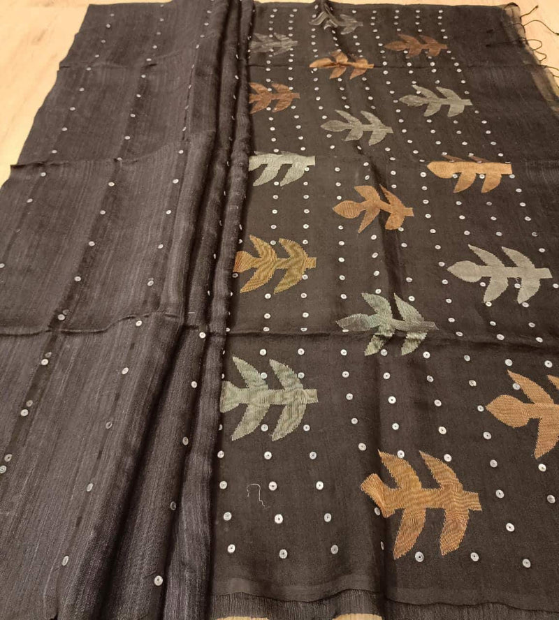 Black Handloom Matka Muslin Saree With Sequin Woven Balaram Saha