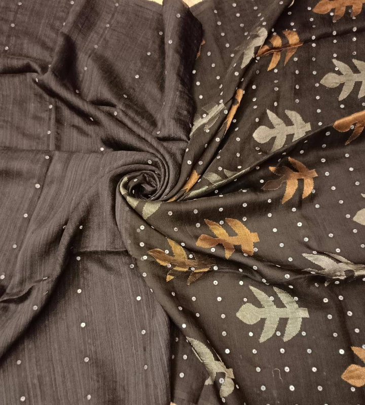 Black Handloom Matka Muslin Saree With Sequin Woven Balaram Saha