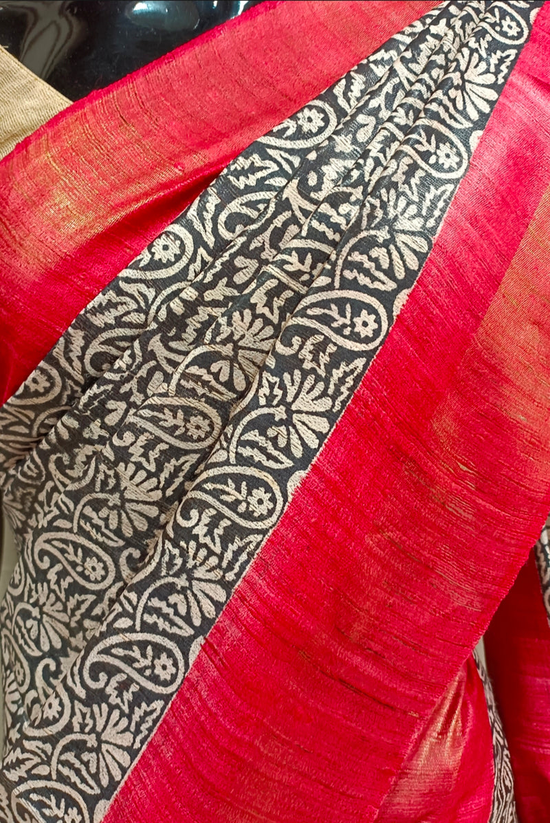 Black & Red Printed Ghicha Tussar Silk Saree Balaram Saha
