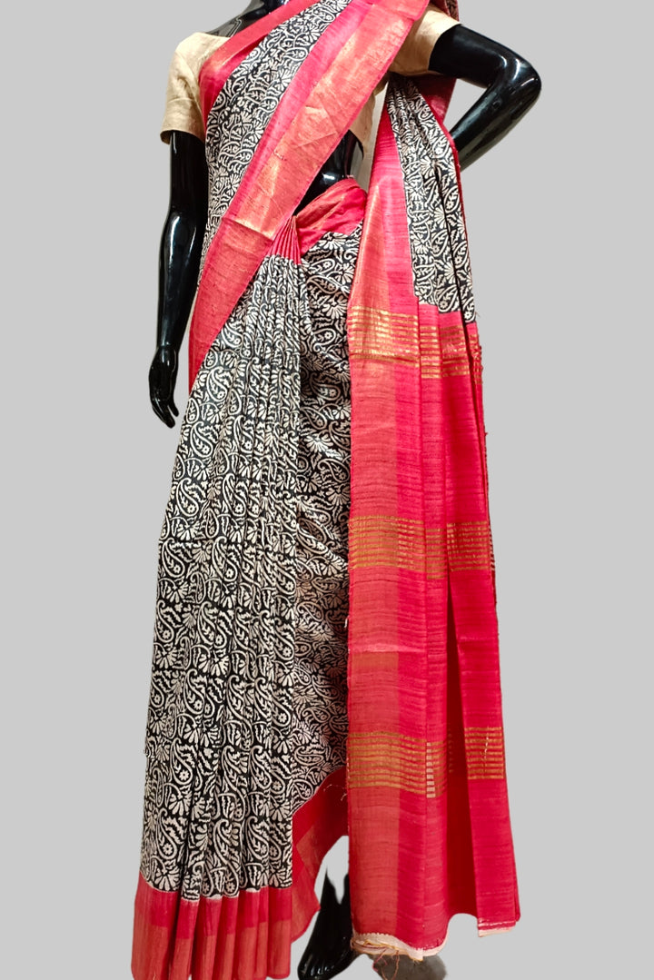 Black & Red Printed Ghicha Tussar Silk Saree Balaram Saha