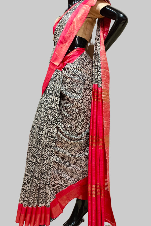 Black & Red Printed Ghicha Tussar Silk Saree Balaram Saha