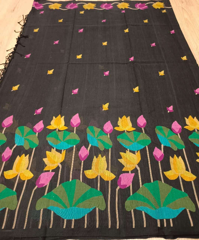 Black & Multi Coloured, handspun, handwoven soft cotton Jamdani saree Balaram Saha