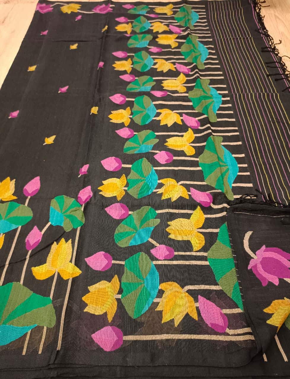 Black & Multi Coloured, handspun, handwoven soft cotton Jamdani saree Balaram Saha