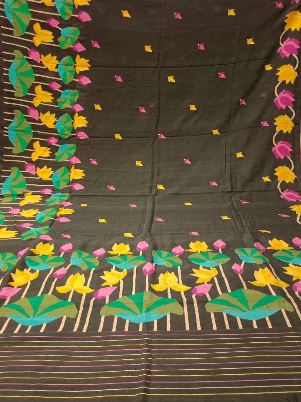 Black & Multi Coloured, handspun, handwoven soft cotton Jamdani saree Balaram Saha