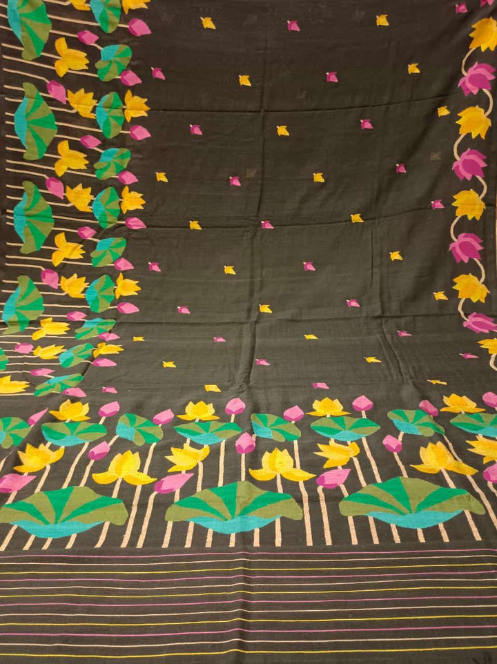 Black & Multi Coloured, handspun, handwoven soft cotton Jamdani saree Balaram Saha