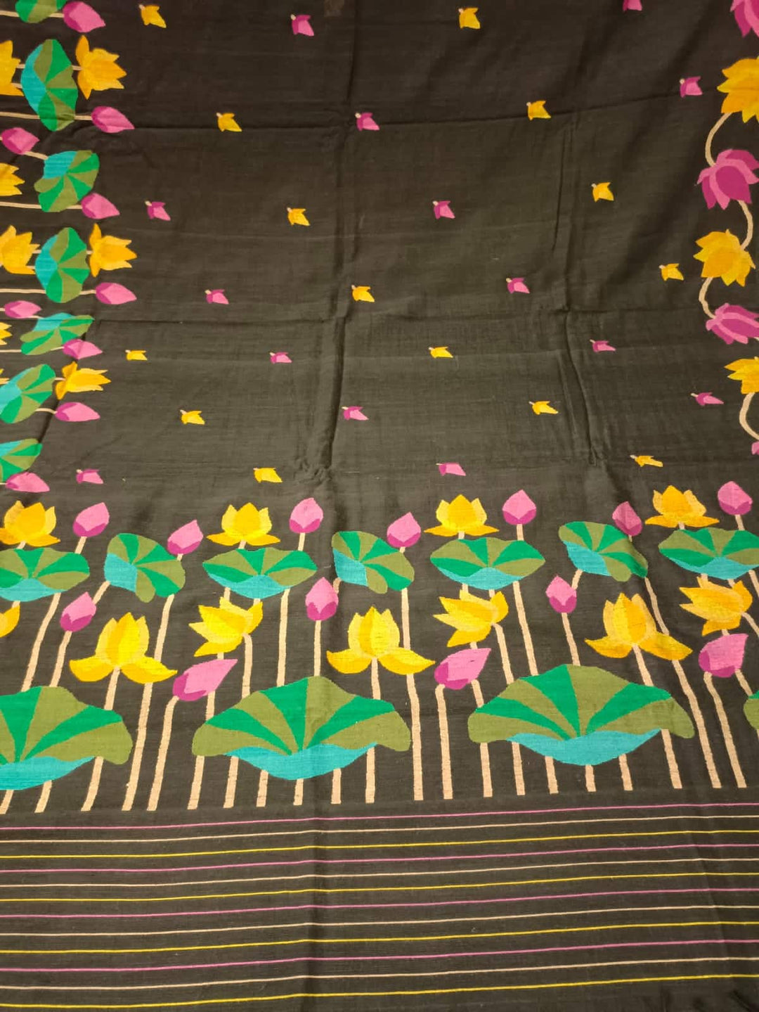 Black & Multi Coloured, handspun, handwoven soft cotton Jamdani saree Balaram Saha