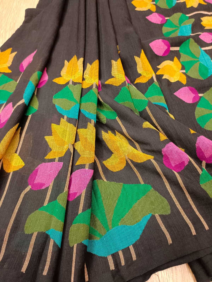 Black & Multi Coloured, handspun, handwoven soft cotton Jamdani saree Balaram Saha