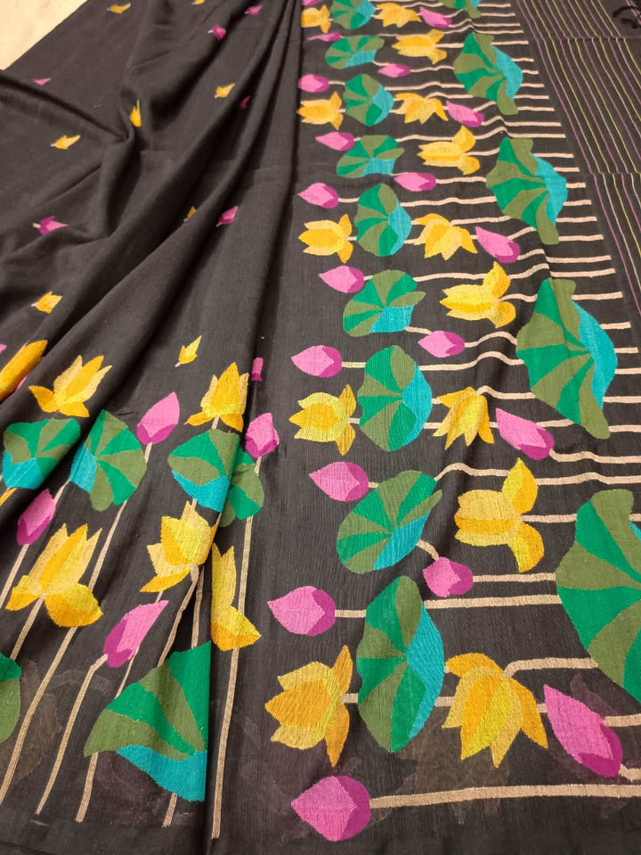 Black & Multi Coloured, handspun, handwoven soft cotton Jamdani saree Balaram Saha