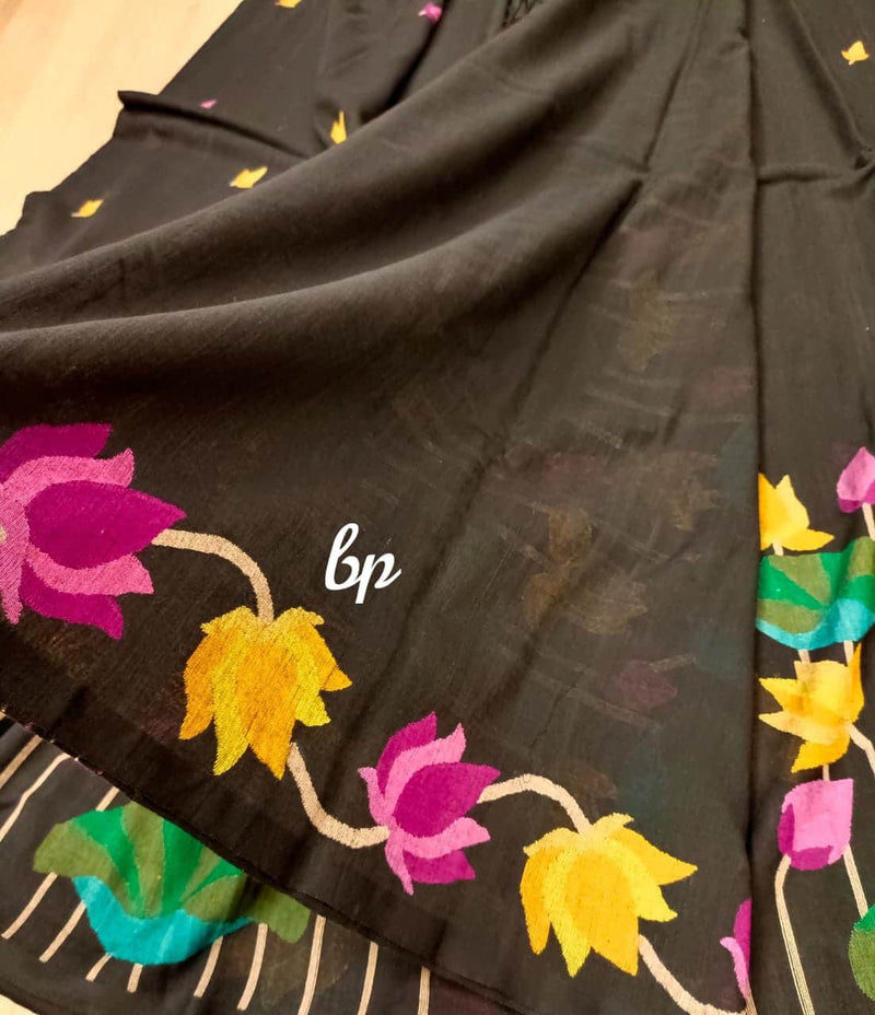 Black & Multi Coloured, handspun, handwoven soft cotton Jamdani saree Balaram Saha