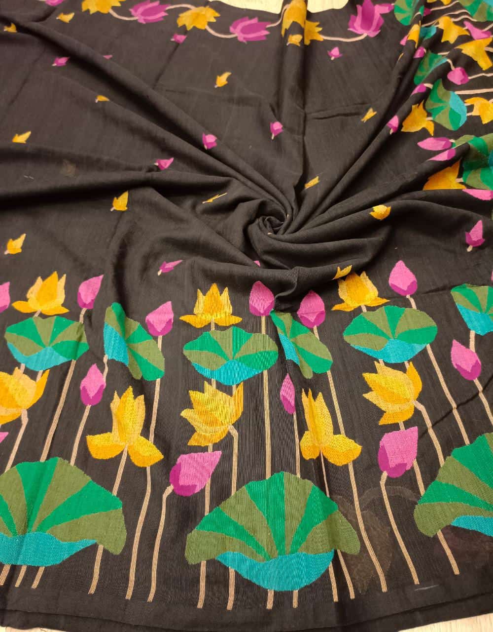 Black & Multi Coloured, handspun, handwoven soft cotton Jamdani saree Balaram Saha