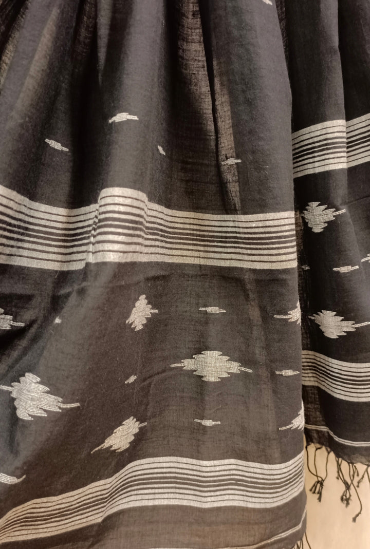 Black & White Handloom Handspun Cotton Jamdani Stole Balaram Saha