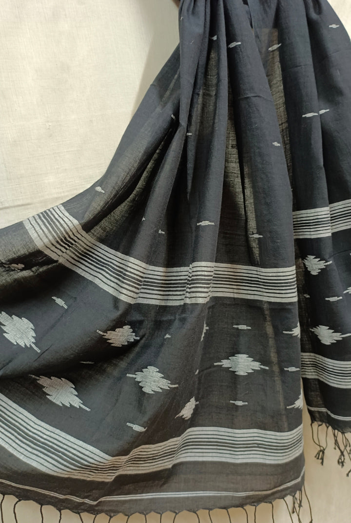 Black & White Handloom Handspun Cotton Jamdani Stole Balaram Saha