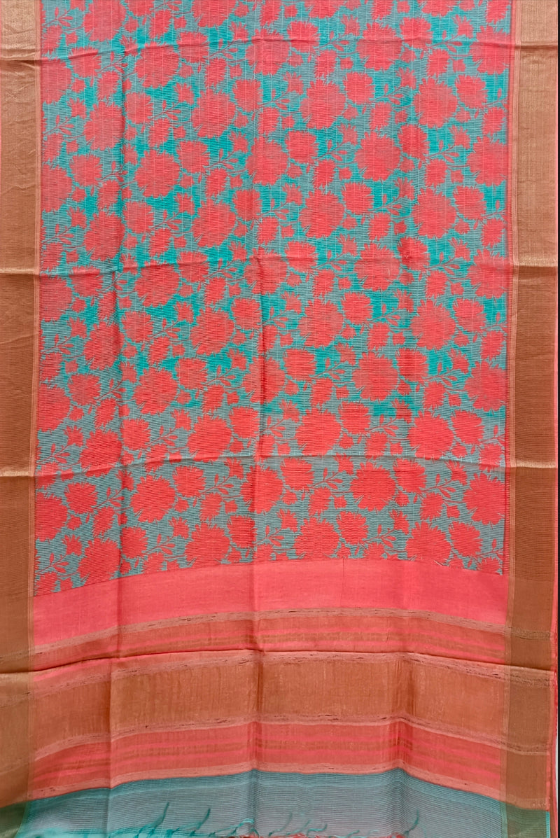 Sea-Blue & Orange Handloom Silk Printed  Saree Balaram Saha