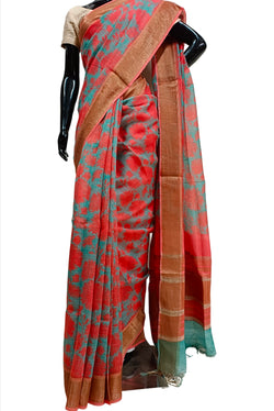 Sea-Blue & Orange Handloom Silk Printed  Saree Balaram Saha