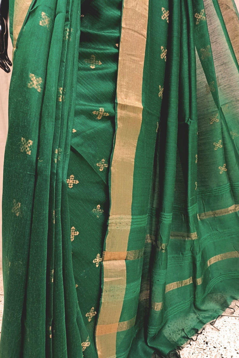 Dark Green Handloom Tussar Silk Saree With Plain woven Zari Border Balaram Saha