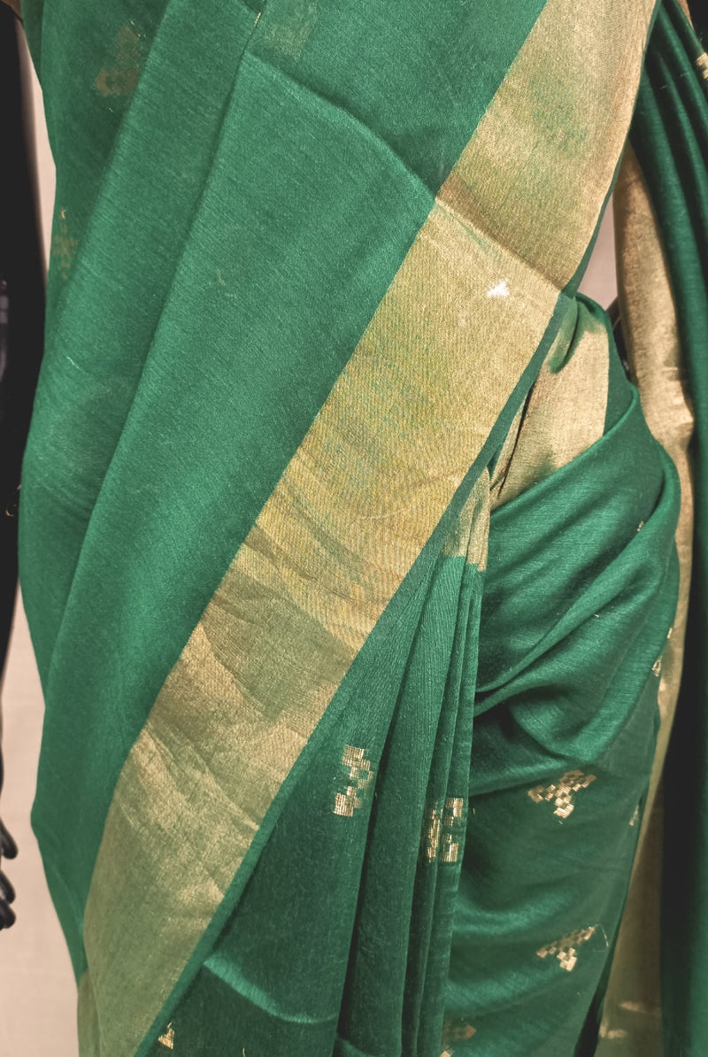 Dark Green Handloom Tussar Silk Saree With Plain woven Zari Border Balaram Saha