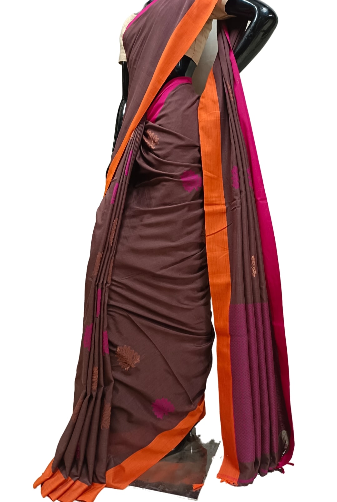 Kanchi Cotton Saree x Ganga-Jamuna Border : Dark Purple x Amber x Hot Pink