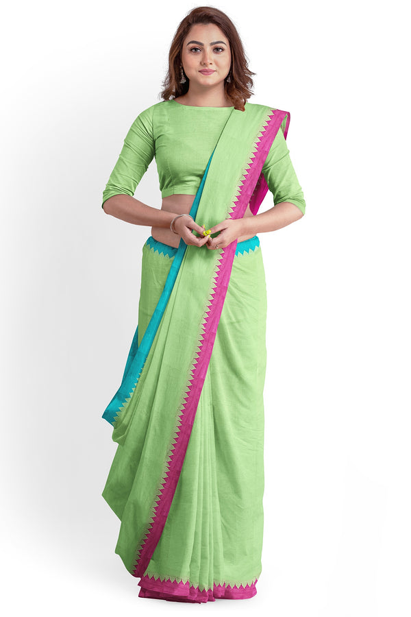 Green Soft Handloom Cotton Saree With Contrast Border Balaram Saha