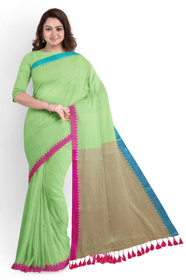 Green Soft Handloom Cotton Saree With Contrast Border Balaram Saha