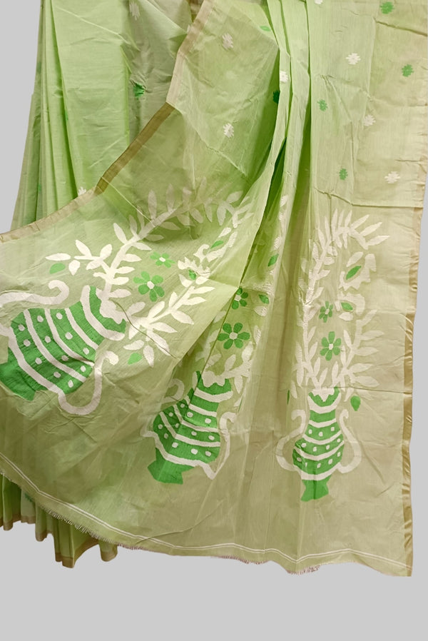 Green Handloom Traditional Cotton Jamdani Saree Balaram Saha