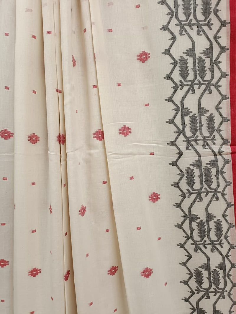 ( White-Red) Handwoven soft Muslin Cotton Jamdani saree with Balaram Saha