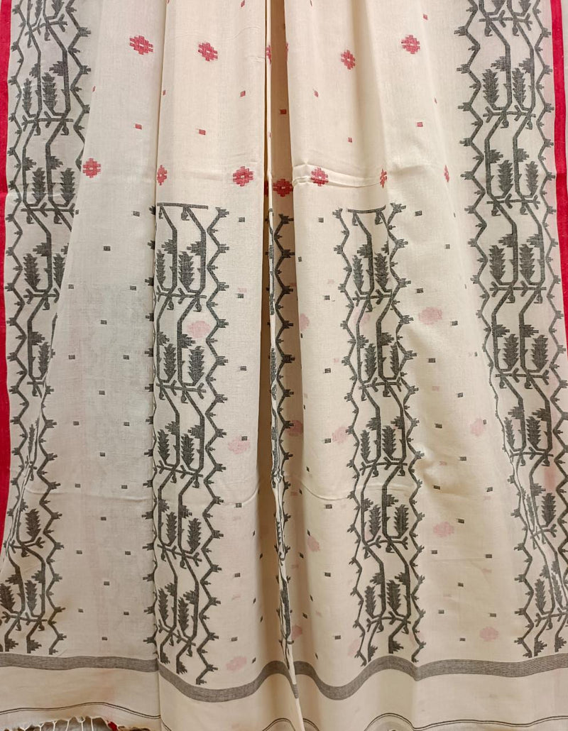 ( White-Red) Handwoven soft Muslin Cotton Jamdani saree with Balaram Saha