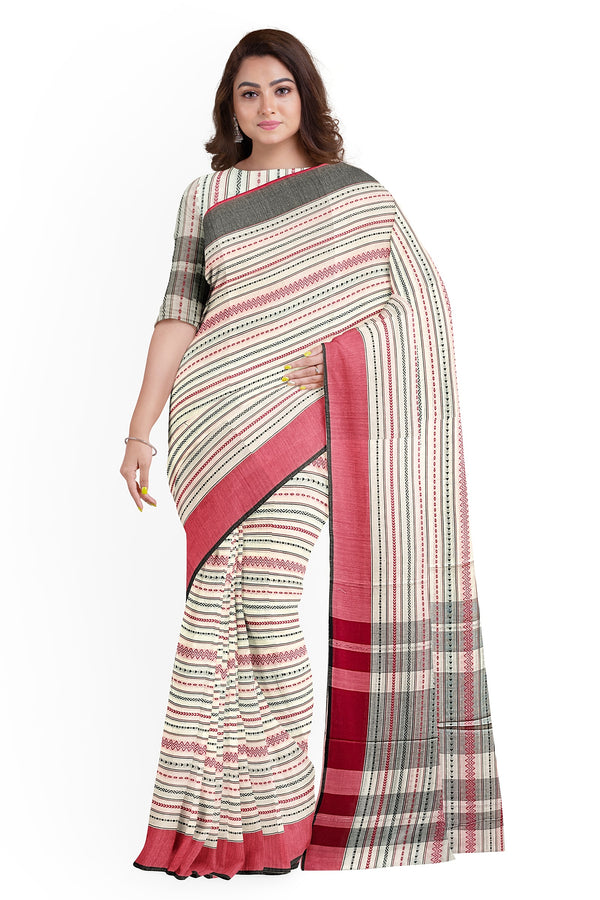 White & Black-Red Handloom Soft Dhonekali Cotton Saree Balaram Saha