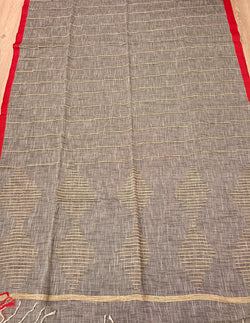 Grey Soft Handloom Cotton Saree With Red Border Balaram Saha