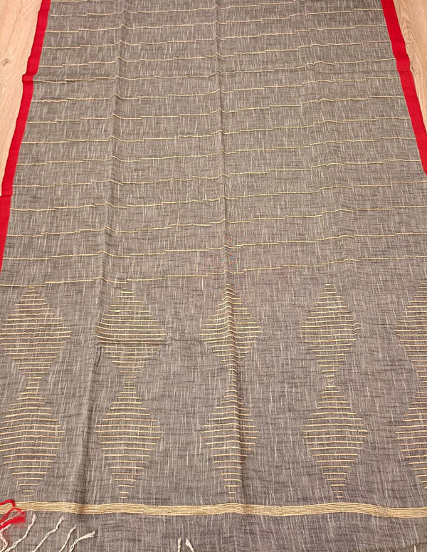 Grey Soft Handloom Cotton Saree With Red Border Balaram Saha