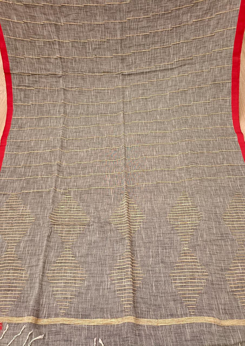 Grey Soft Handloom Cotton Saree With Red Border Balaram Saha